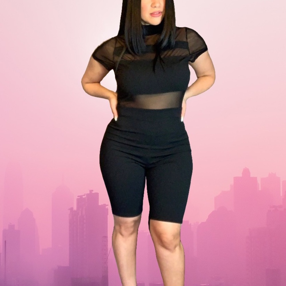 Black Mesh Biker Romper